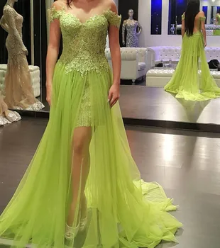

Sheer Neck Off Shoulder Straps Lime Green Prom Dresses Sexy Backless Lace Tulle Long Prom Dresses
