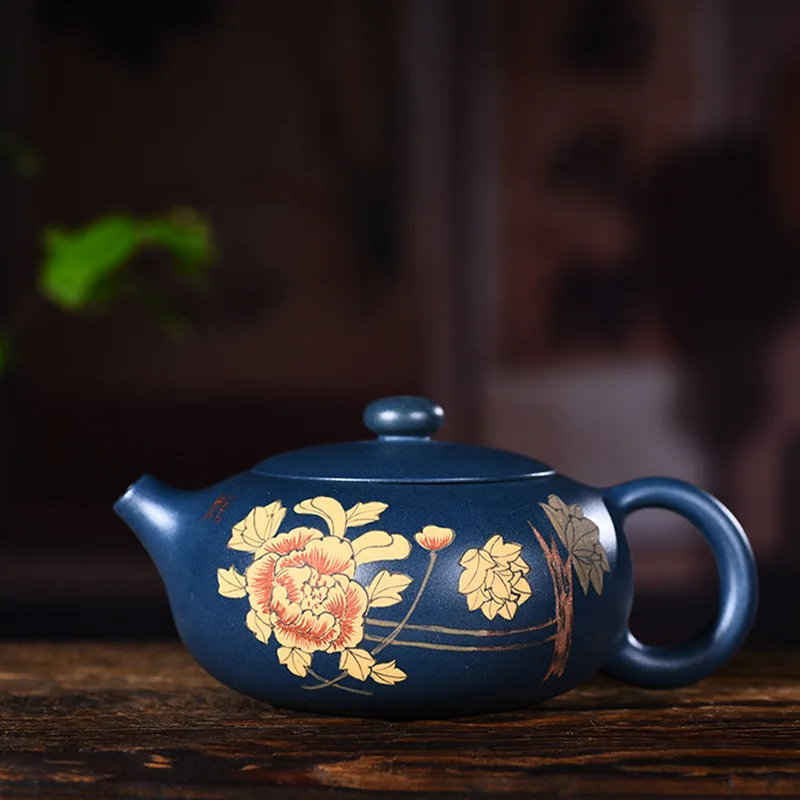 

260ml Yixing Purple Sand Tea Pot Genuine Handmade Green Mud Hand Painted Peony Flat Xishi Pot Kung Fu Tea Kettle Free Shipping