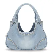 Модная Джинсовая сумка с заклепками и бриллиантами, женская сумка-тоут, женские сумки, женские сумки через плечо, повседневная женская сумка-тоут