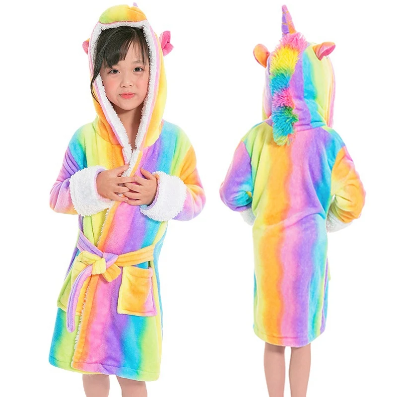 Детские Банные халаты для девочек; Детские пижамы с капюшоном и изображением животных; пляжное полотенце для мальчиков; банный халат; Пижама с единорогом; одежда для сна для малышей; одежда для детей - Цвет: rainbow with fur