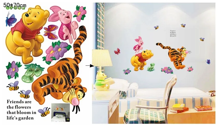 Виниловые наклейки на стену с изображением медведя из мультфильма для детей, декор для детской комнаты, 3D дизайн, Винни Пух, тигра, животные, наклейки, обои для детской комнаты