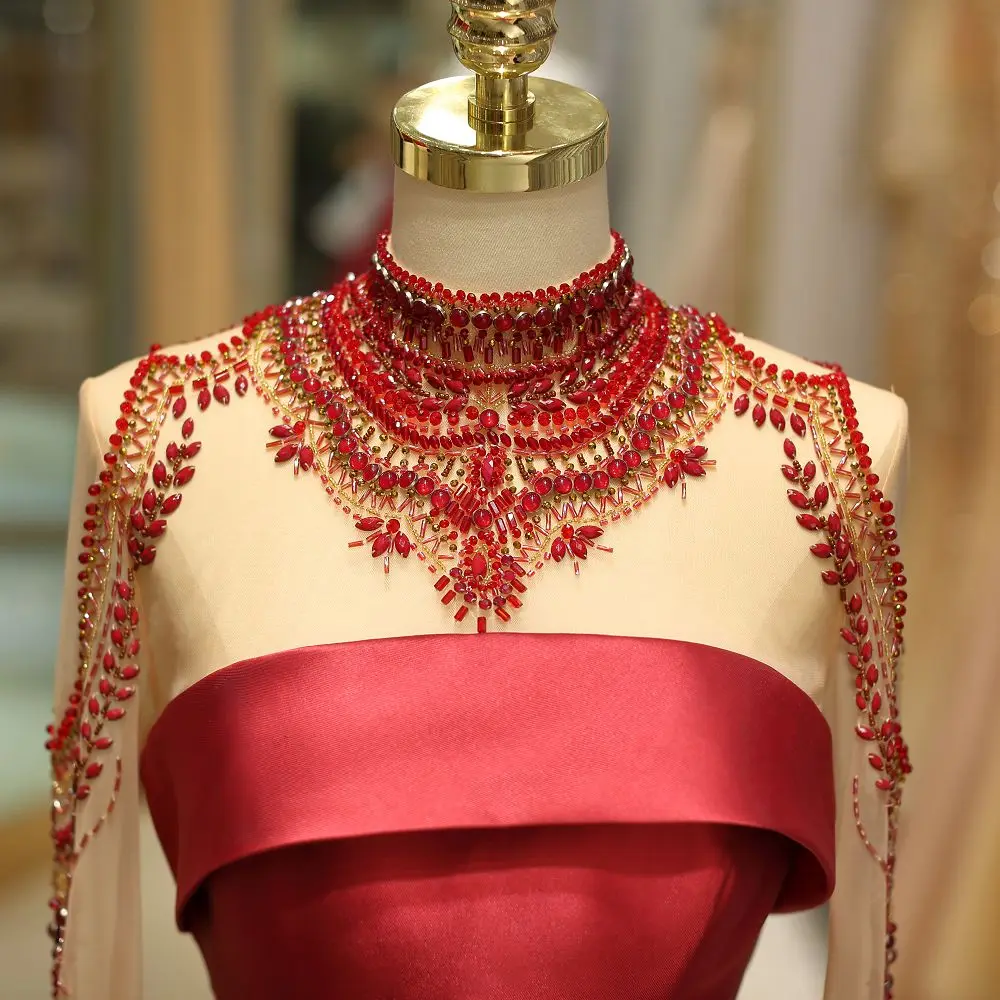 Evening Dresses Long sleeves red crystals Flower luxury prom gown satin fabric women Formal Party Evening Dresses Dress