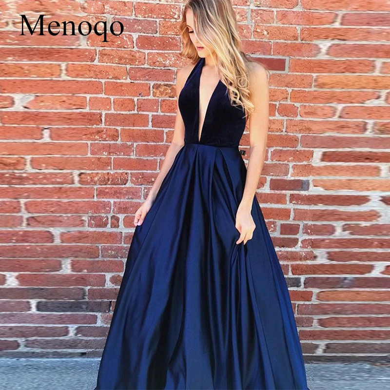 

Navy Blue Evening Dresses Halter Neck Backless Long Dress for Prom Vestido Longo Festa Gala A-line Women Prom Party Dresses