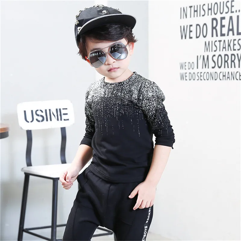 Harga 2019 Anak Musim Gugur Lengan Panjang Atasan Anak Laki laki Pakaian Bergaris Anak anak Kemeja untuk Anak Laki laki Bayi Anak Laki laki T shirt Cetak Hitam