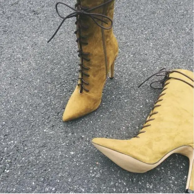 Hongyi new fashion hot selling lace-up mid-calf boots 2017 sexy pointed toe high heel boots celebrity runway gladiator boots Women's Shoes