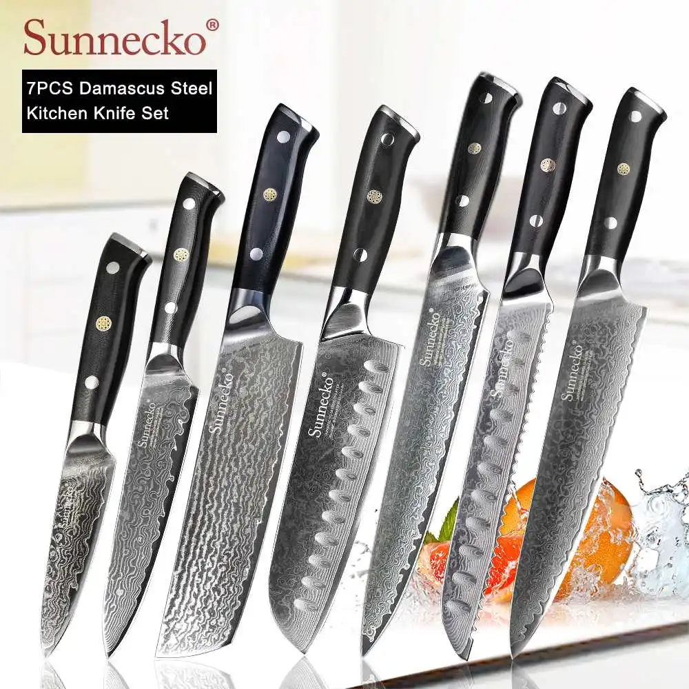 SUNNECKO дамасский нож шеф-повара Santoku для нарезки овощей нож для стейка нож для хлеба Дамасская сталь набор кухонных ножей G10 Ручка - Цвет: 7pcs Set