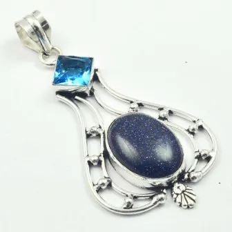 

Sun Stone & Blue Topas Pendant Silver Overlay over Copper, USA Size 78mm , P4632