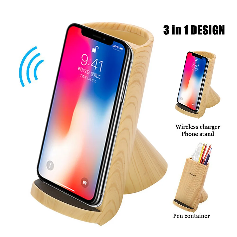 

Wood Grain Pen Design QI for xiaomi samsung iphone Wireless Fast quick induction phone Charger 3 in 1 charging Pad Stand Holder