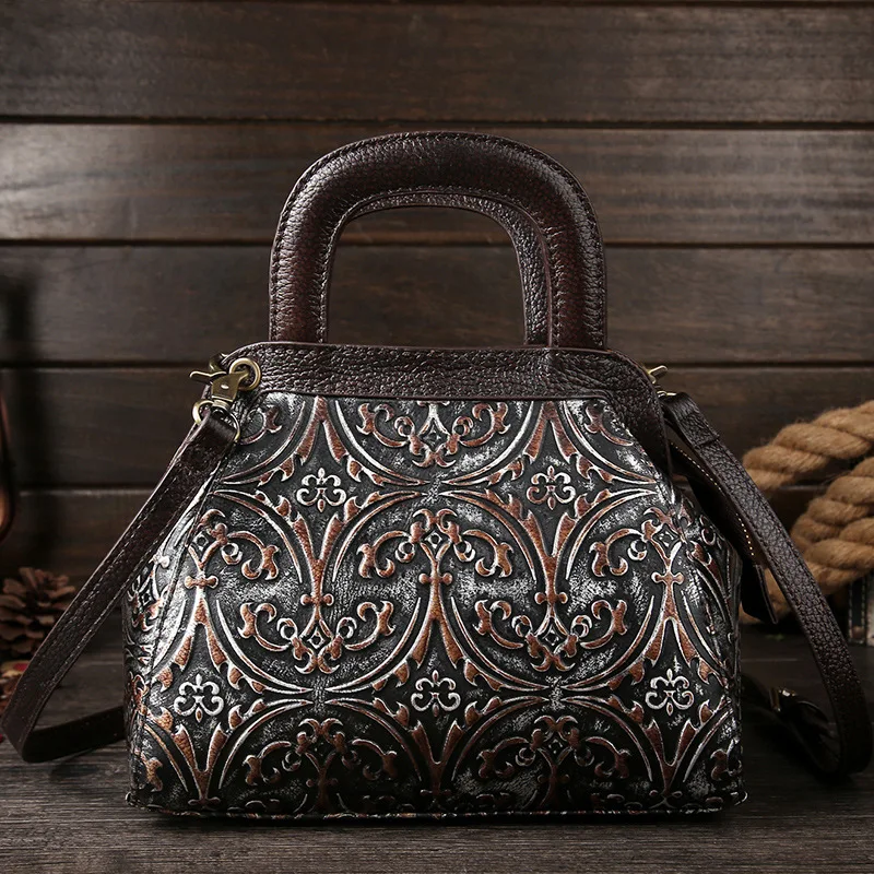 The New Retro Leather Handbag Baotou cowhide single shoulder bag brush color embossed craft fashion handbags