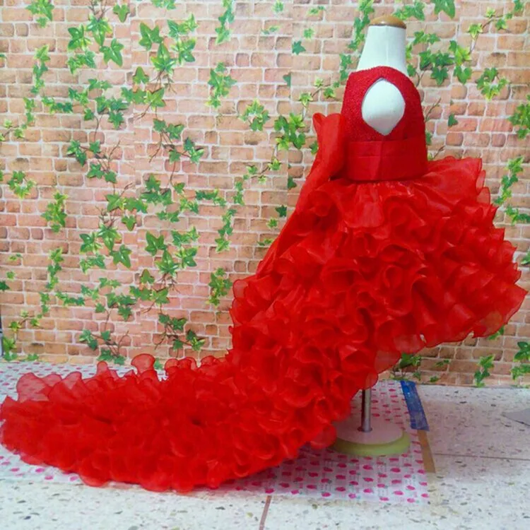 Свадебное платье со шлейфом для девочки с букетом высококачественное платье-пачка русалки для девочек длинное платье принцессы с треугольным декольте и большим бантом размеры 3–10Т - Цвет: red