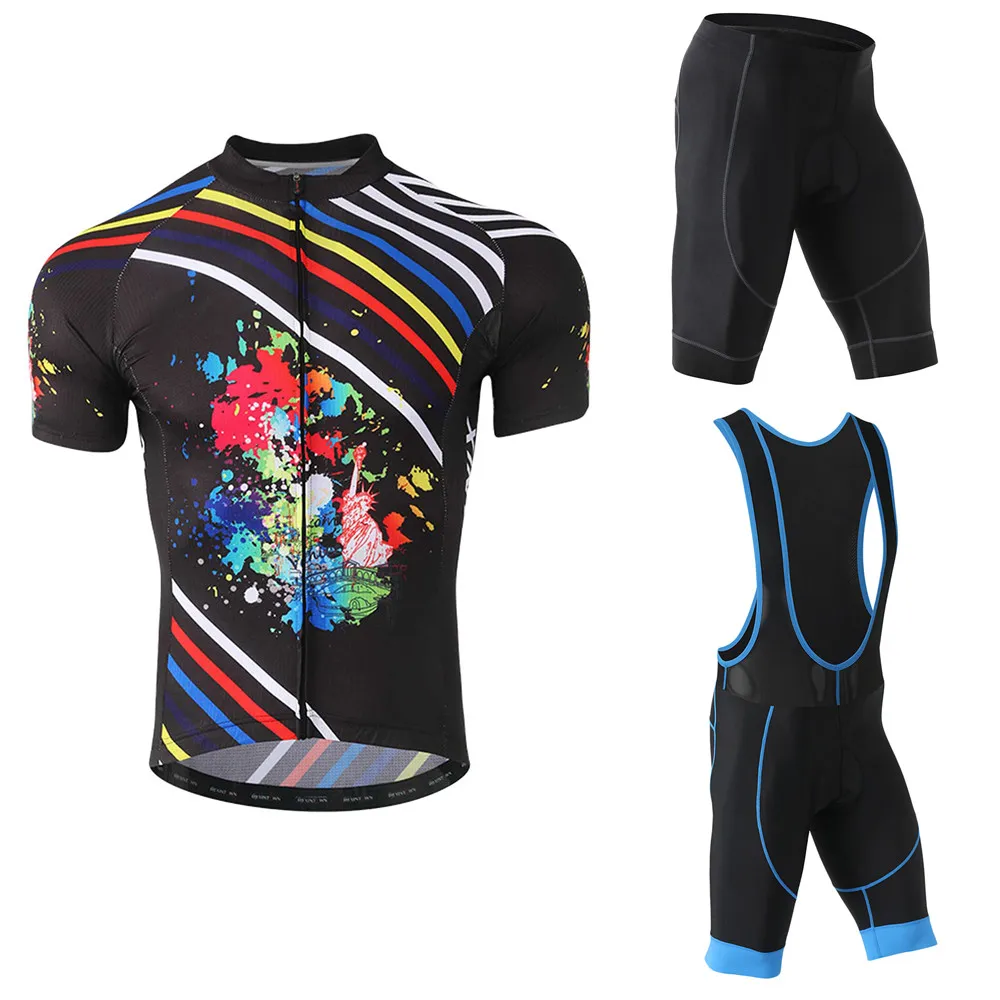 Мужские цветные напечатанные комплекты с коротким рукавом для велоспорта, Джерси, штаны, быстросохнущая летняя одежда на молнии для горного велосипеда, командная одежда для велоспорта, велосипедная майка - Цвет: Black