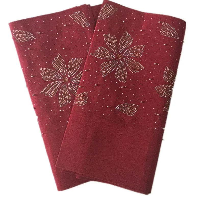 

Hot selling new design red color aso oke gele 2pcs in a bag fashion hot big flower aso oke with stones and beads wedding party