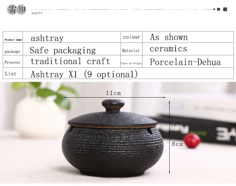 Decorative Oriental Ashtray Smokeless, Large Ceramic Body in 9 Colors