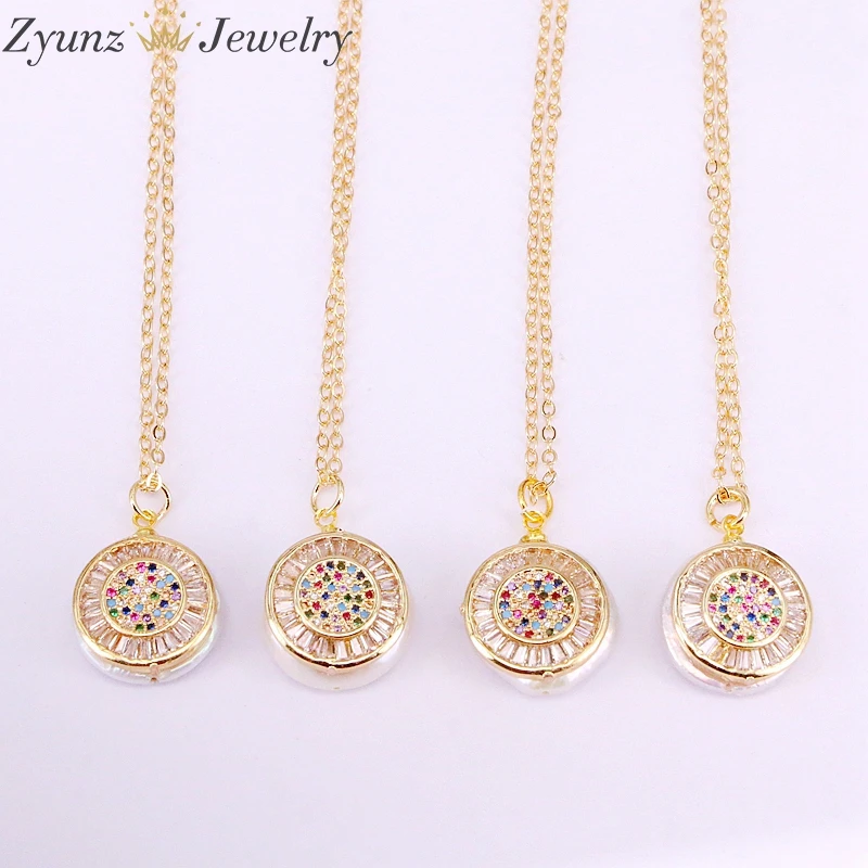 

5PCS, Nature Freshwater Pearl with CZ micro Pave Round Charms Pendant Necklace