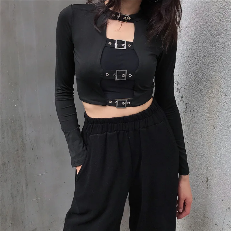 Plus Size Gothic Sexy T-Shirt Women Strap Buckle Front Round Neck Slim Top Long Sleeve T Shirt Tumblr Tops Tee Punk Streetwear