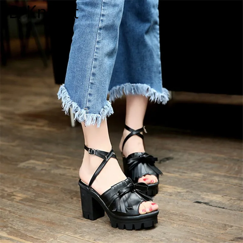 Roman Sandals Woman Sweet Bowtie Yong Lady Lolita Shoes Ankle Strap Square High Heels Female Goth Shoes Platform Summer Sandals  (6)
