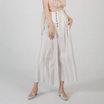 

New 2019 Summer Casual Style Women Loose Wide Leg Pants Soft Cotton Stripe Ankle Pants High Waist Trousers Femme