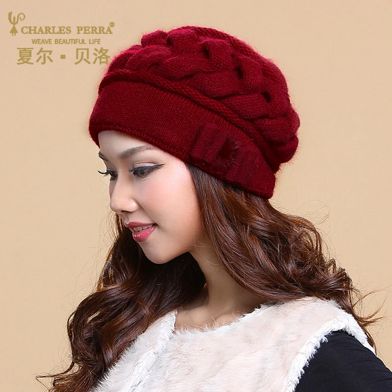 Koop Charles Perra Merk Vrouwen Hoeden Winter Thicken Dubbellaags Thermische Gebreide Hoed Elegante Casual Wol Cap Mutsen Baret 2849