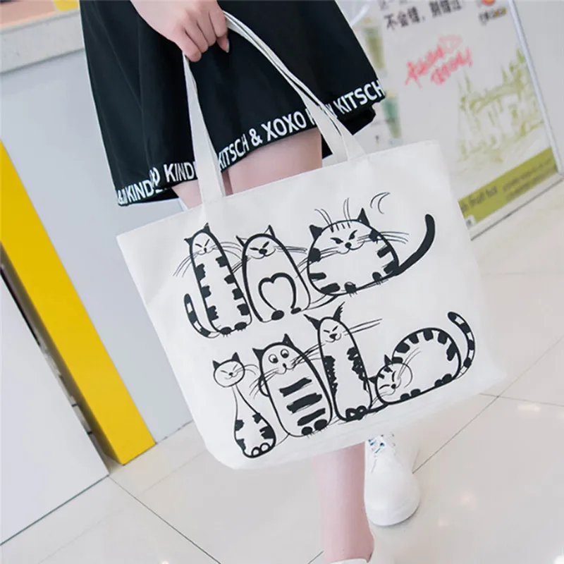 

Women Canvas Shopping Bag Cartoon Cat Printed Shoulder bag Female Large Capacity Ladies Beach Bag Canvas Tote Shopping Handbags