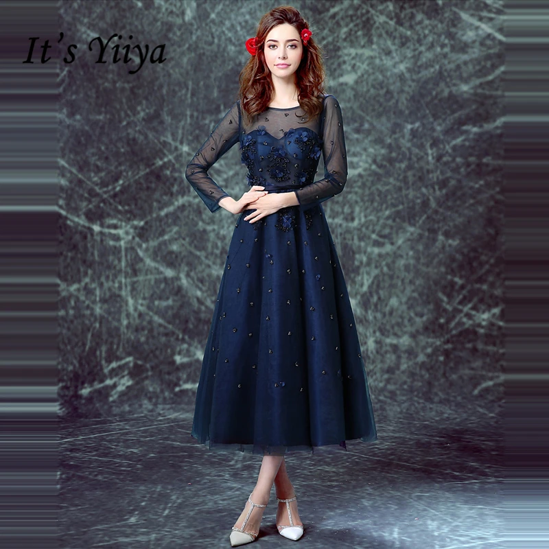 

It's YiiYa Prom Gowns Dark Blue O-Neck Full Sleeves A-Line Tea-Length Party Dress Custom Plus Size Prom Dresses 2019 E225