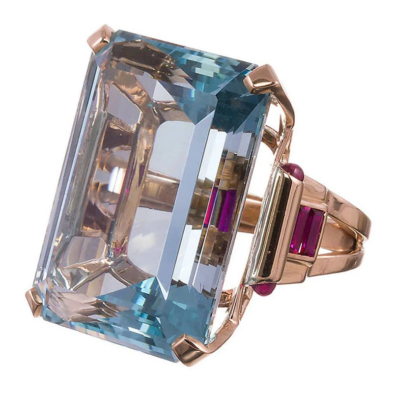 Модное негабаритное кольцо с кубическим цирконием, большой голубой кристалл, розовое золото, кольца на палец для женщин, девушек, бутик, очаровательное блестящее ювелирное изделие, подарок