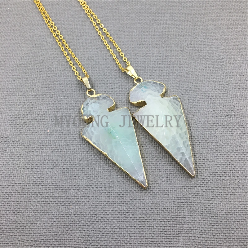 MY1050 Light Green Arrowhead Black Agates Pendant Charm,Natural Crackled Agates  Gold Chain Necklace