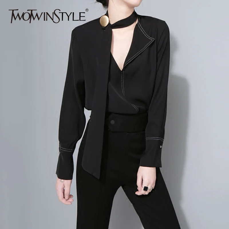 

TWOTWINSTYLE Botton Shirt Female V Neck Ribbons Long Sleeve Patchwork Black OL Blouse Tops For Women 2019 Spring Fashion