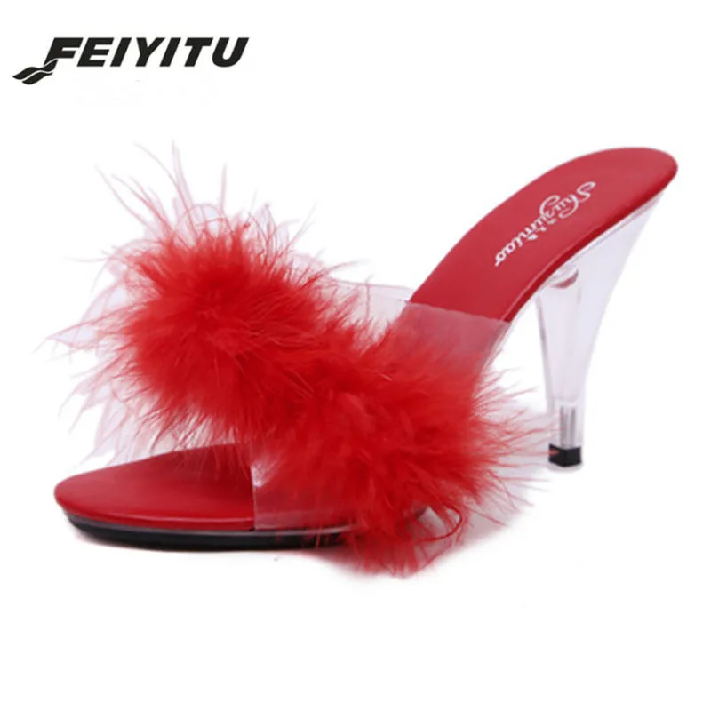 FeiYiTu/обувь; женские шлепанцы; коллекция года; женские прозрачные свадебные туфли на каблуке 10 см; пикантные женские шлепанцы; Размеры 35-43 - Цвет: Красный