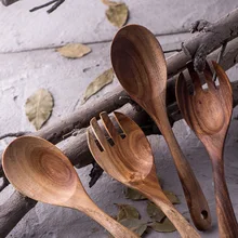 Натуральные деревянные кухонные ложки, большие салатные сервера, деревянные вилки, ложка, деревянные столовые приборы