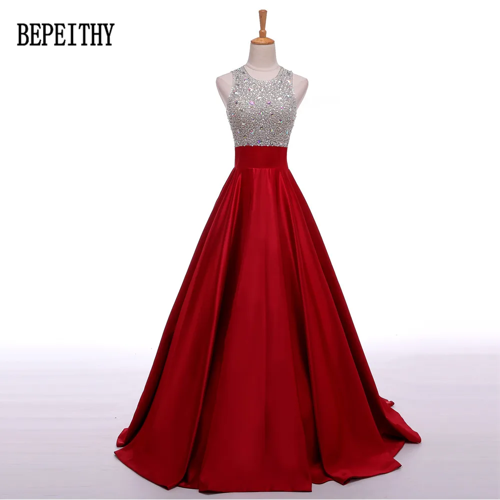

BEPEITHY 2019 New Design Vestido De Festa Keyhole Beads A line Beads Prom Gowns Burgundy Satin Evening Dresses Long
