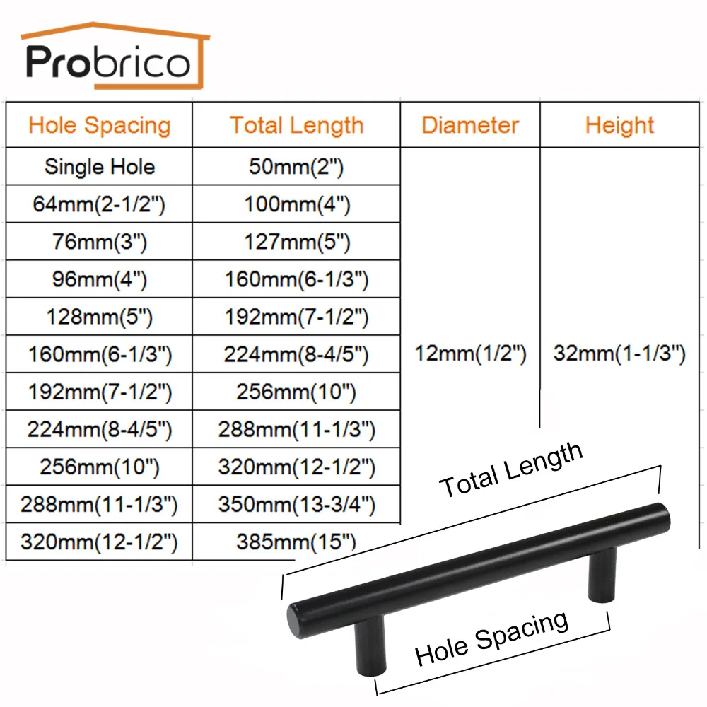 Probrico, 20 шт, черные ручки для шкафа, круглая трубка, мебельный ящик, тянет, диаметр 12 мм, кухонная ручка, отверстие, центр 50 мм~ 256 мм