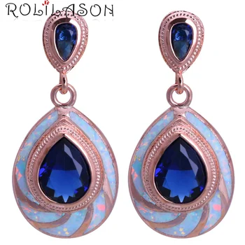 

ROLILASON Water drop design blue crystal White Fire Opal rose gold color Silver stamp Drop Earrings for women JES1145