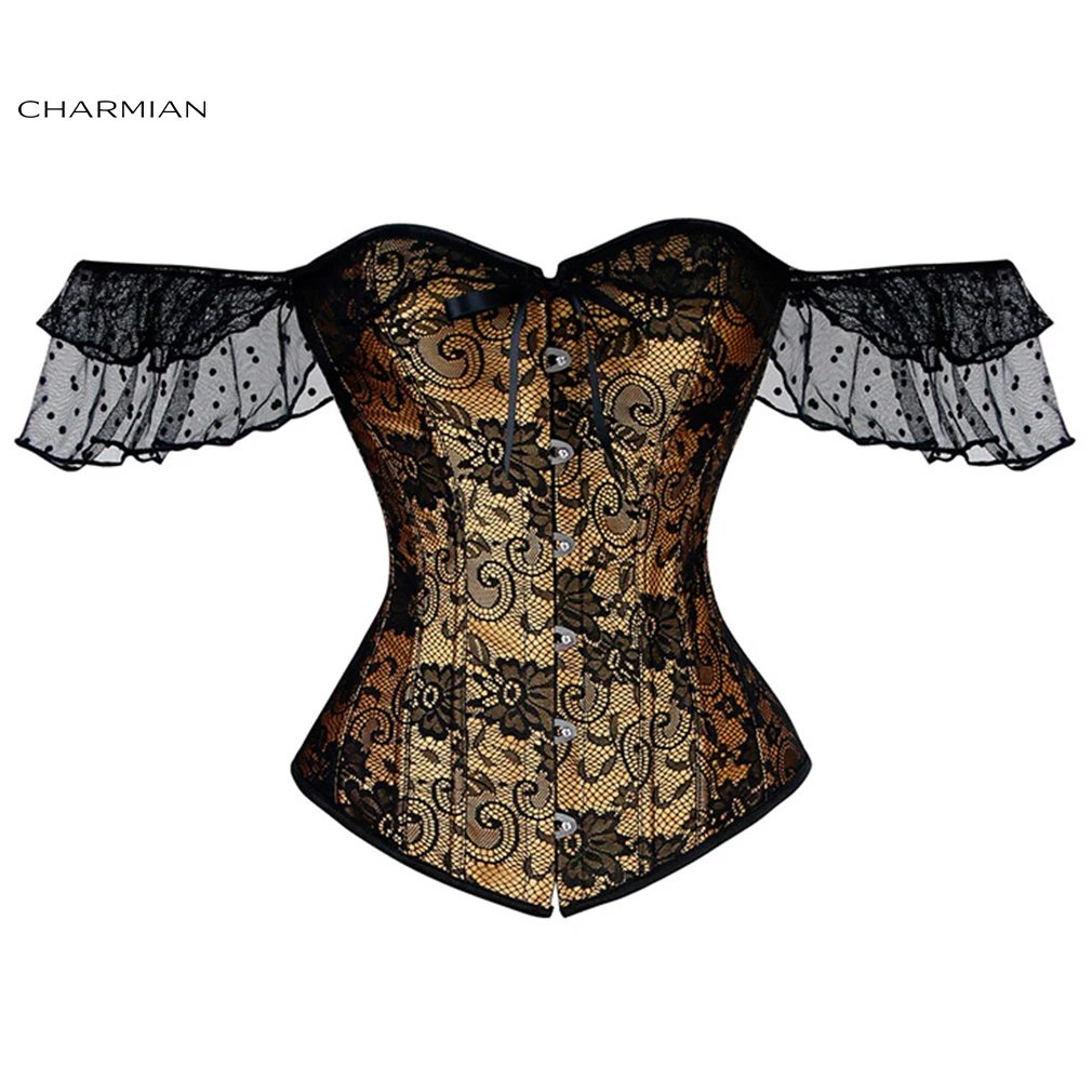 

Charmian Women's Sexy Victorian Gothic Off Shoulder Black Floral Lace Overbust Corset Top Corsets and Bustiers Waist Cincher