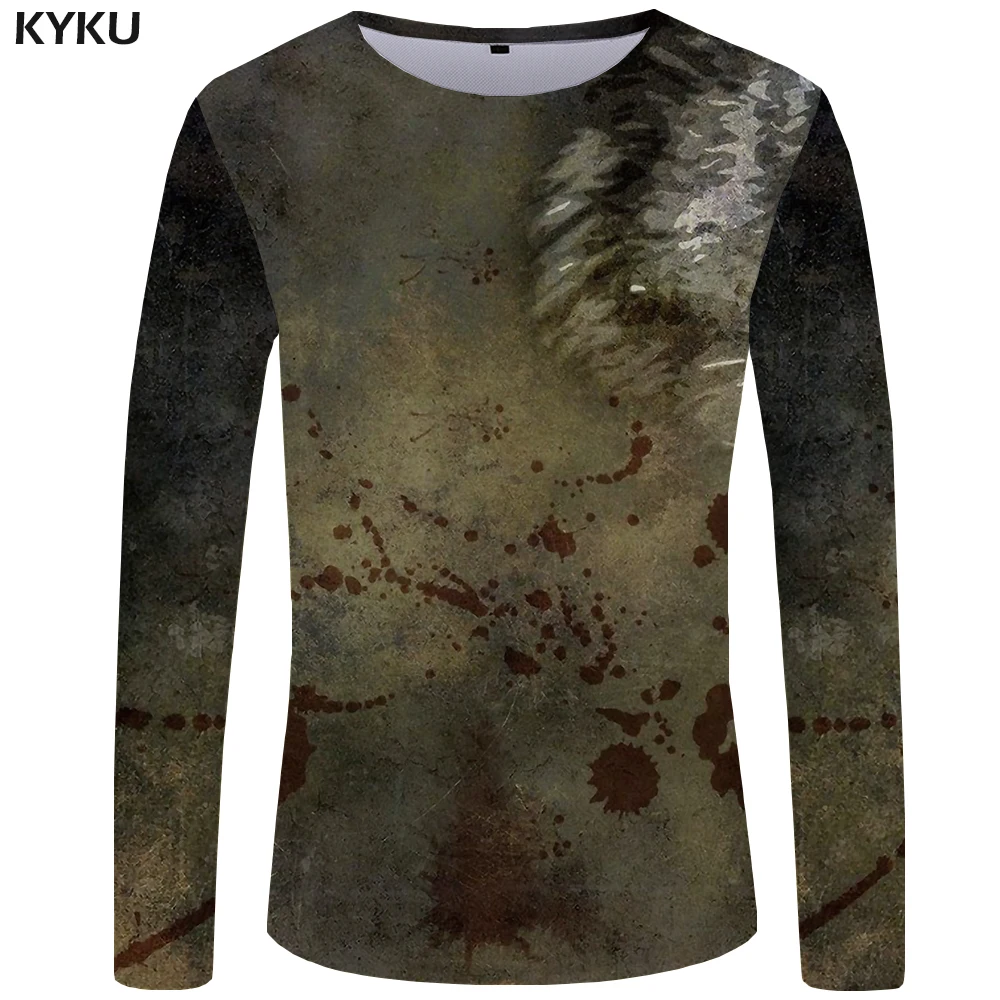 KYKU Brand Wolf T shirt Men Long sleeve shirt Eye Graphic Blood Printed Tshirt Black Cool Vintage Japan Hip hop Mens Clothing
