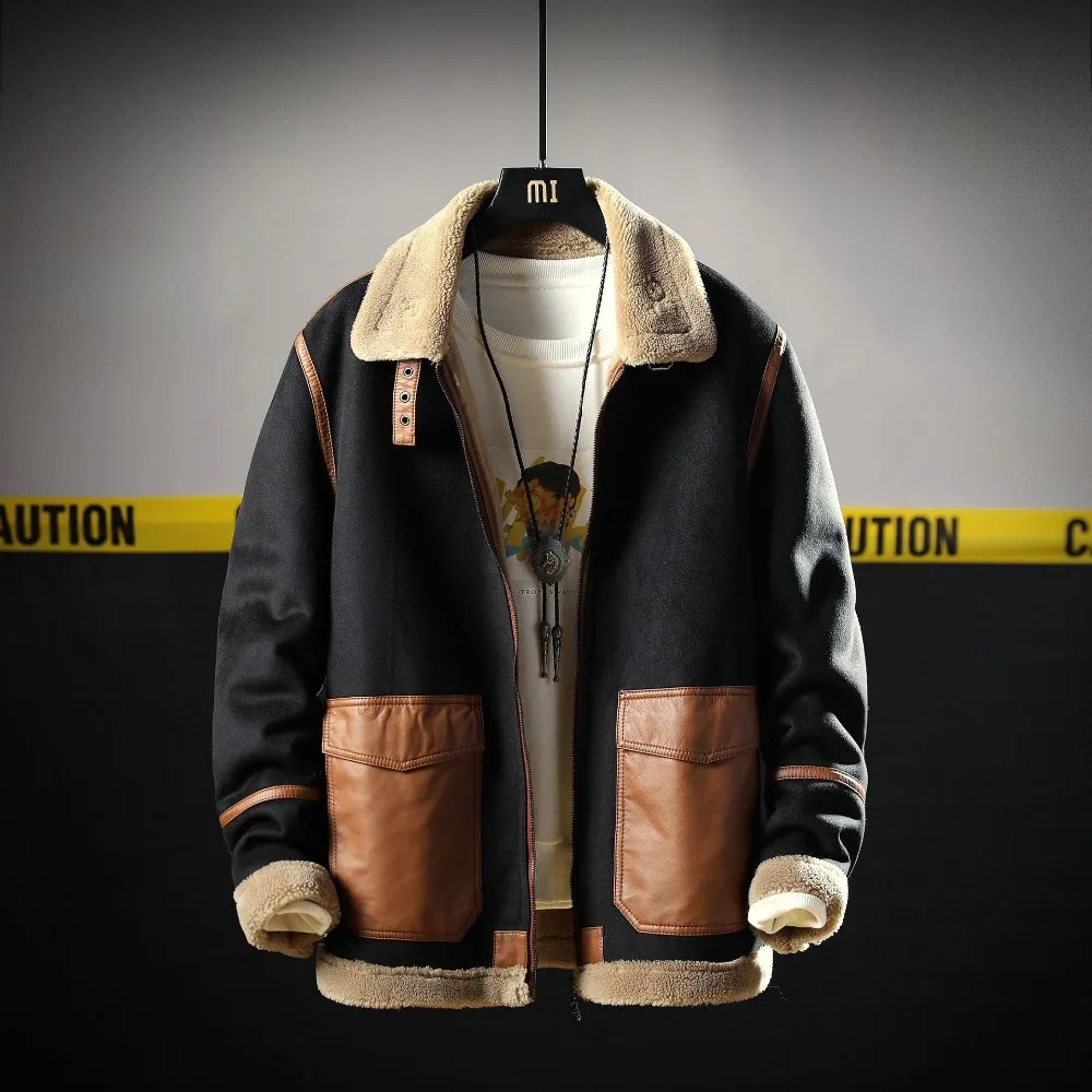 

2019 New Men's Large Size Coat Fur Plus Velvet Warm Jacket Fashion Stitching Youth Leather Jacket