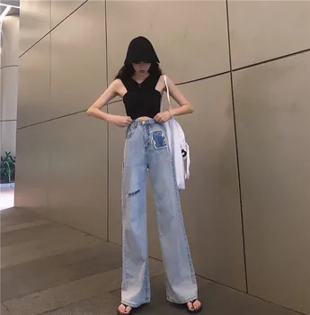 

Summer 2019 new high waist straight mopping hole wide leg jeans female tide biker shorts