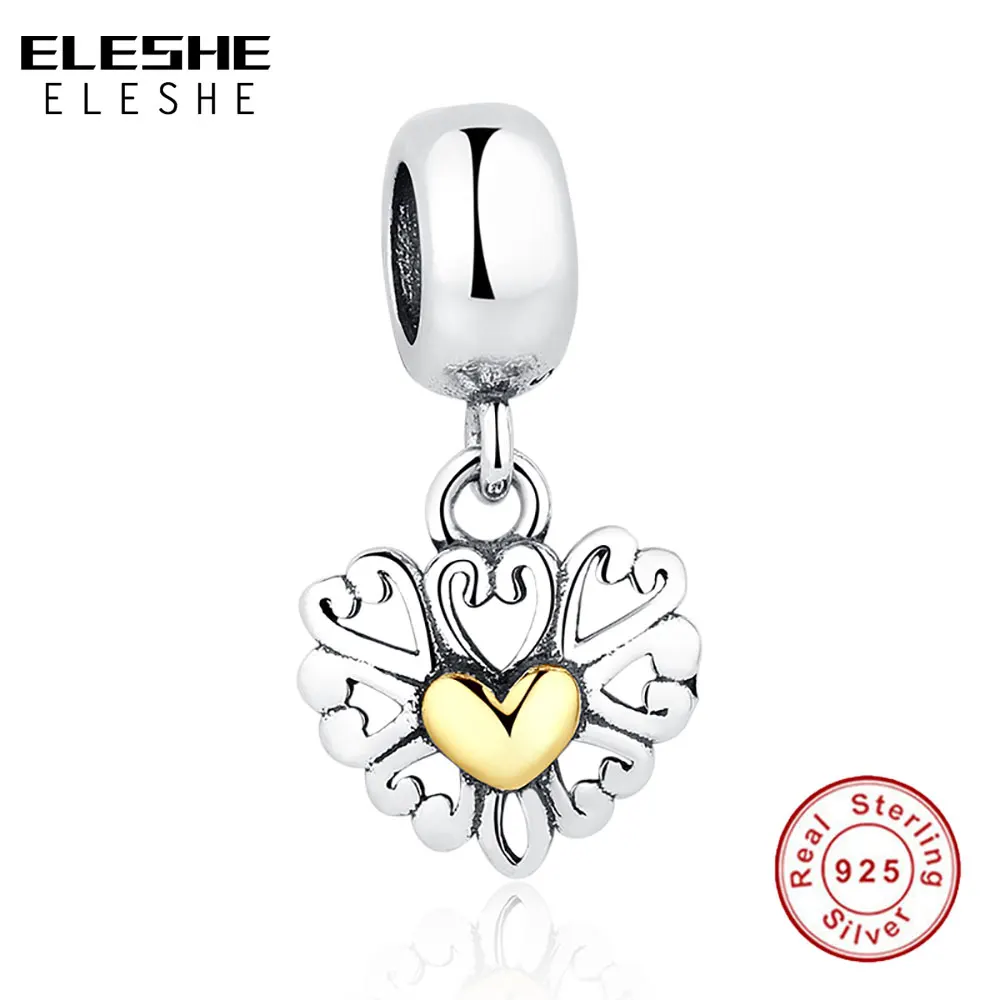 ELESHE REAL 925 Sterling Silver OPENWORK HEART SILVER DANGLE Charm Fit Original ELESHE Bracelet Pendant Charms DIY Jewelry