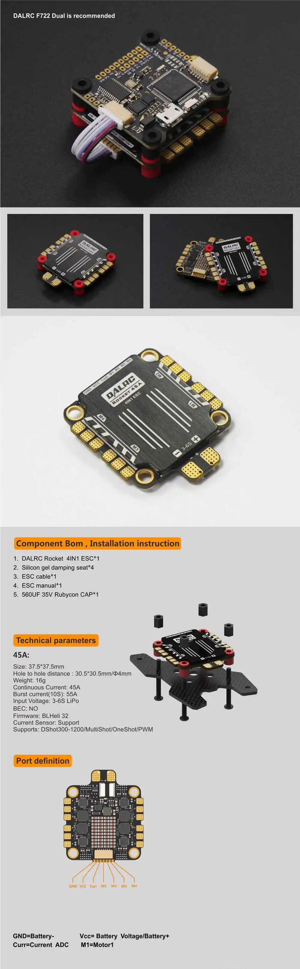 30,5*30,5 мм DALRC Rocket 50A/45A 3-6S Blheli_32 DSHOT1200 готов 4 в 1 ESC& F722 двойной STM32F722RGT6 F7 набор полетных контроллеров