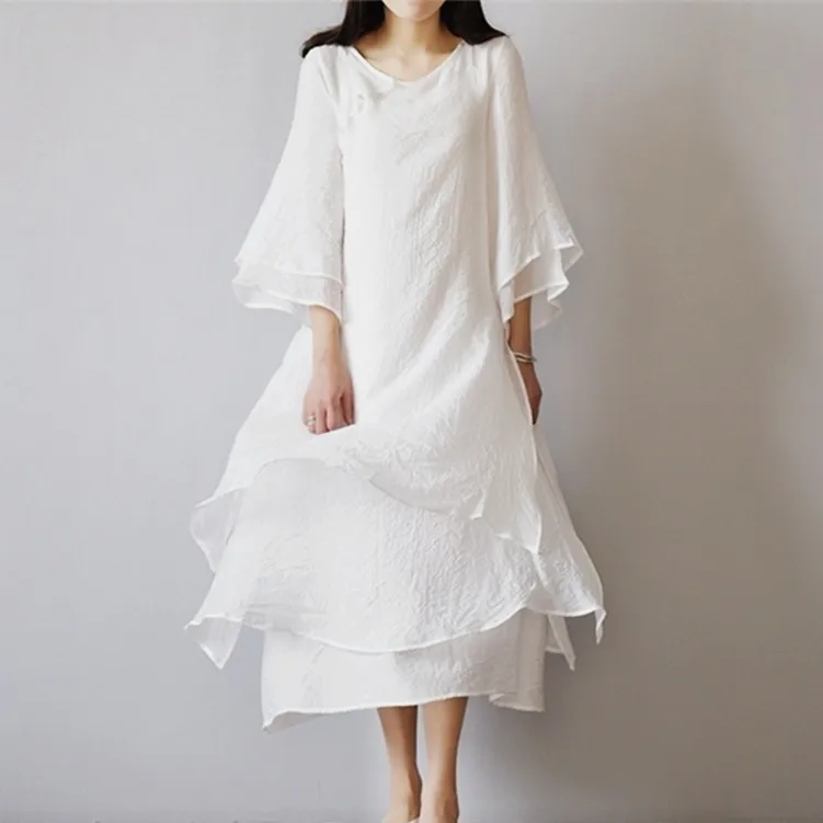

QPFJQD National Wind Women Three Layer Fake Two Piece Dresses Long 2018 Autumn Summer Loose Large Size Cotton Linen Dress White