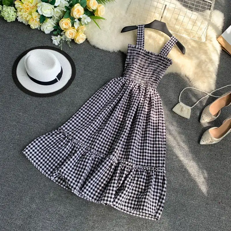 Slim Ladies Ruffles Vintage Plaid Print 2020 Sexy Summer Midi Dress Party Spaghetti Strap Women Casual Beach Elegant Vestidos