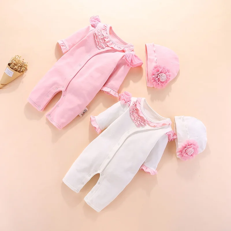 

Baby girl jumpsuit + hat suit autumn and winter high quality cotton long-sleeved flower decoration round baby girl bodysuits