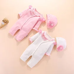 Baby girl jumpsuit + hat suit autumn and winter high quality cotton long-sleeved flower decoration round baby girl bodysuits Baby girl jumpsuit + hat suit autumn and winter high quality cotton long-sleeved flower decoration round baby girl bodysuits