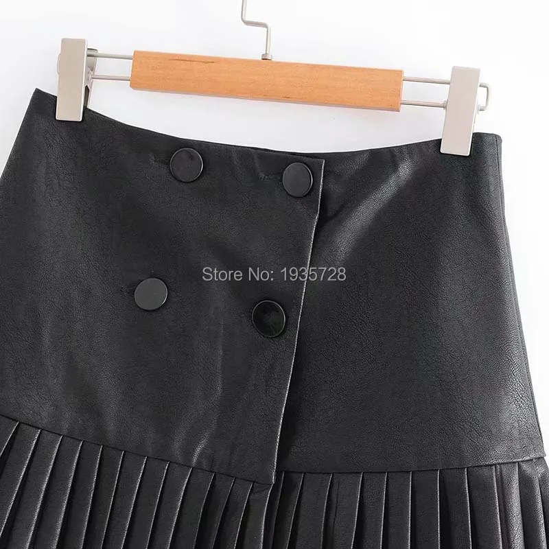 Черная плиссированная мини-юбка из искусственной кожи-Женская юбка с высокой талией и кожаным эффектом с плиссированным подолом и передней двубортной пуговицей
