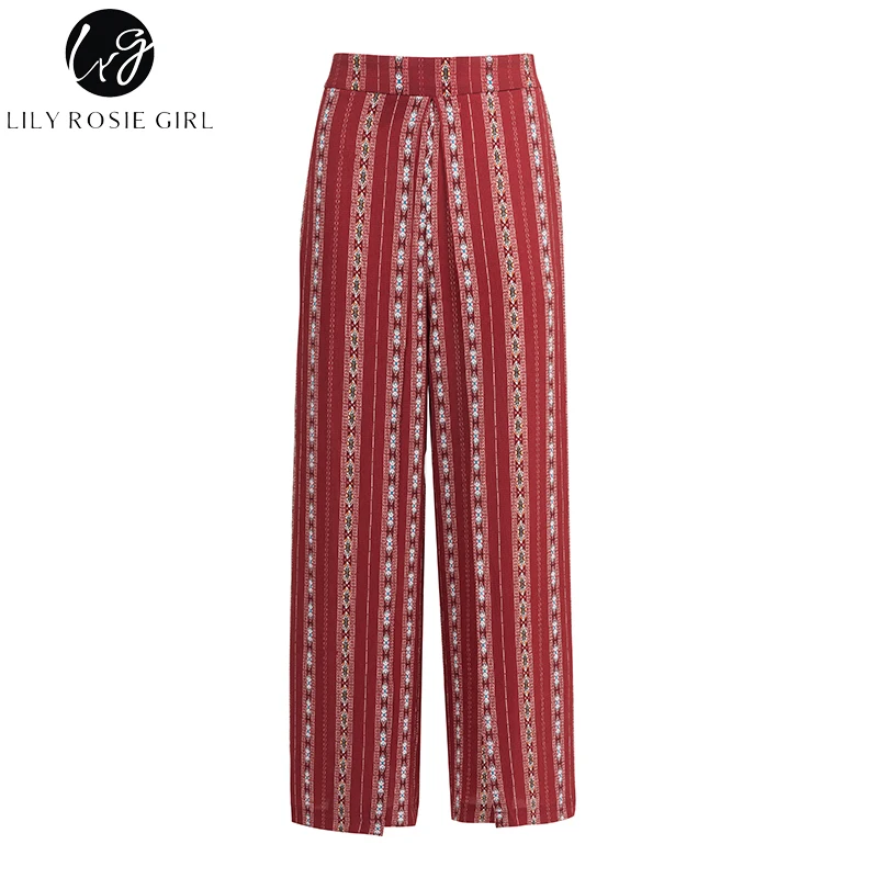 Lily Rosie dziewczyna Boho Print paski kobiety szerokie nogi spodnie 2018 lato sexy Split długi spodnie Wysoka talia casual Beach kobiet -