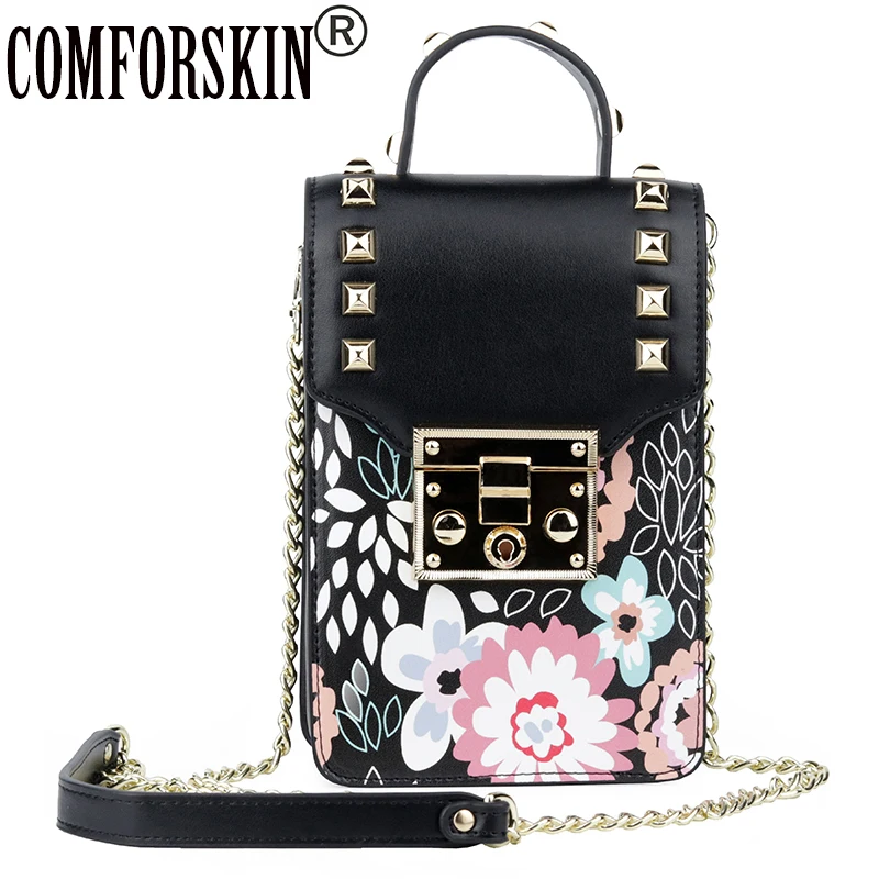 

CMFORSKIN Luxurious Cowhide Messenger Bags European and American Small Size Women Handbag Hot Embossing Flower Mobile Phone Bag