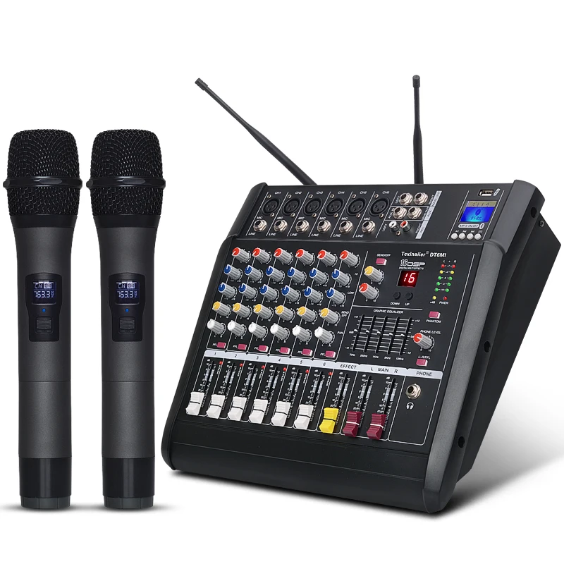

6 Channels Powered USB Bluetooth Studio Audio Mixer Amplifier Wireless microphone XLR Bluetooth music built-in 350W professional