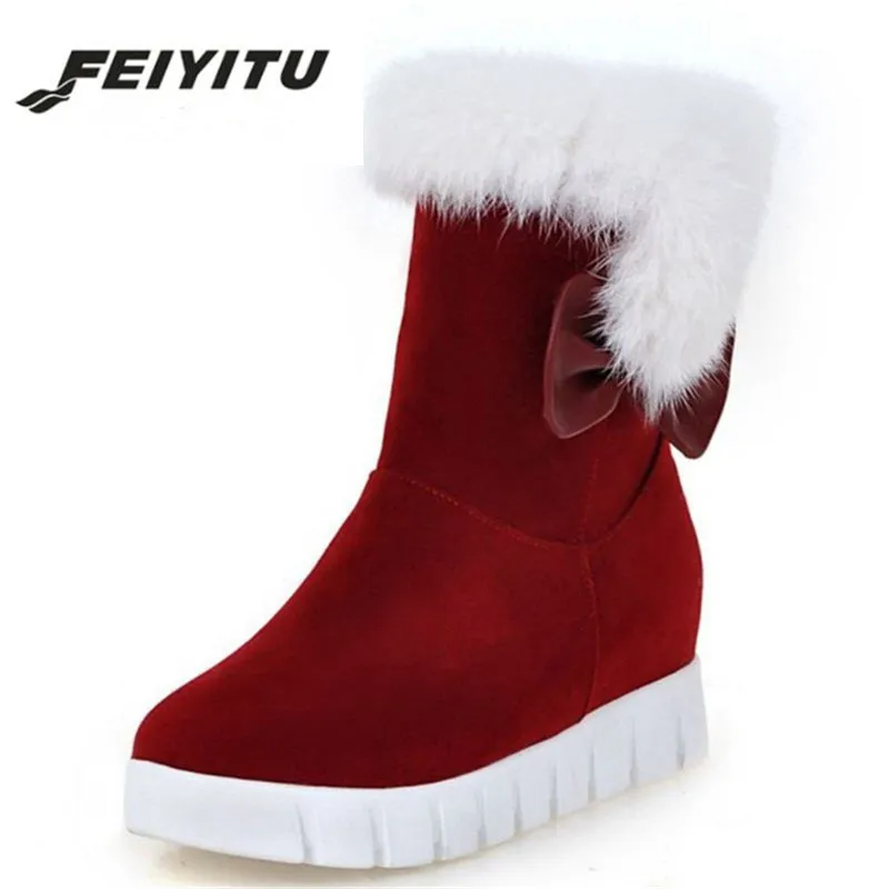 

feiyitu Size 34-43 Women Height Increasing Winter Snow Boots Women Warm Fur Inside Bowknot Thick Platform Mid Calf Winter Botas