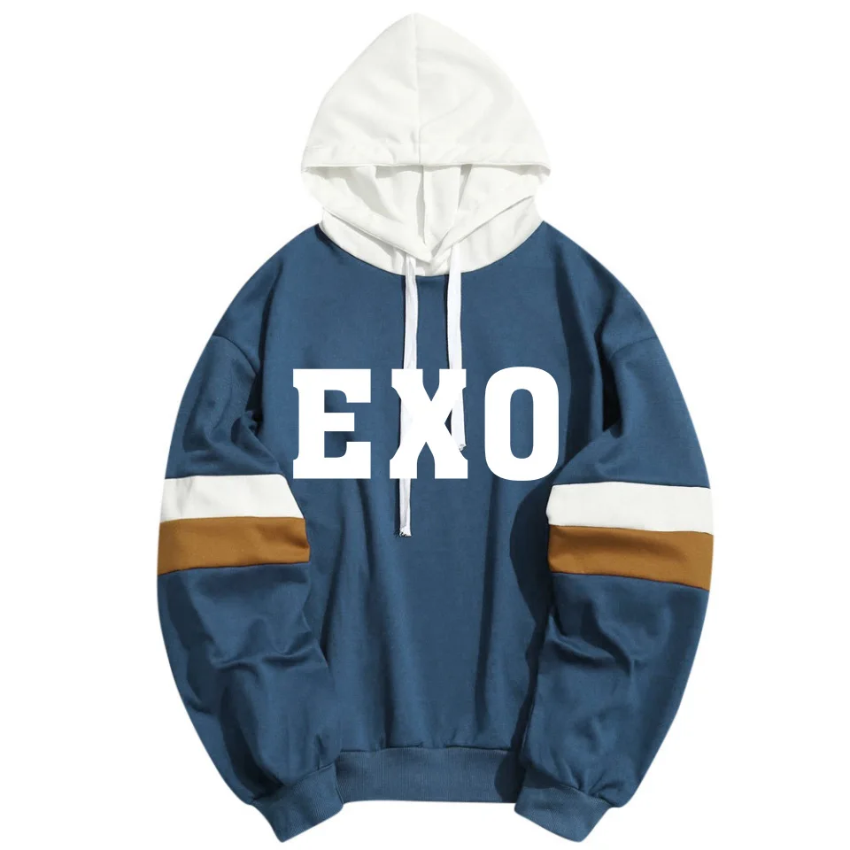 Весна Лето Kpop EXO пуловеры фанатов толстовки для мужчин и женщин уличная белая синяя Лоскутная K-pop EXO Harajuku Хип-хоп толстовка