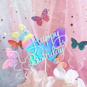 Butterfly Cake Decorations BlingBling Colourful Laser Butterfly "Happy Birthday" Cake Topper Dessert Decor For Party Lovely Gift