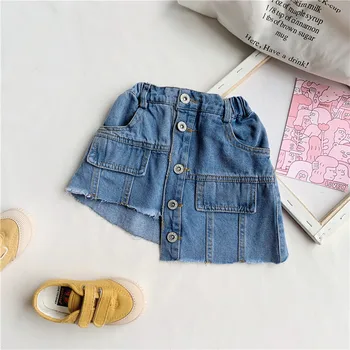 

WLG girl summer skirts kids denim blue buttons casual skirt baby casual all match asymmetrical clothes children